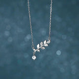 S925 Sterling Silver Leaf Pendant Necklace Zirconia Chain Girl Gift