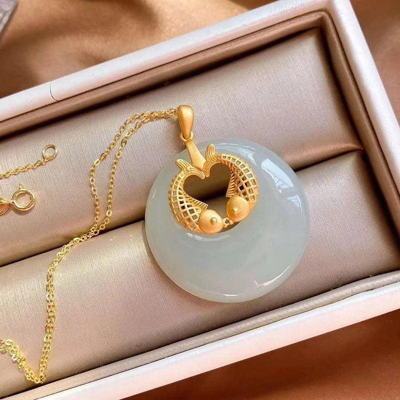 Hetian Jade Pisces Pendant Necklace With Silver Inlay