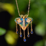 Natural Hetian Jade Enamel Porcelain Butterfly Tassel Pendant Necklace