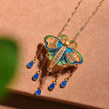 Natural Hetian Jade Enamel Porcelain Butterfly Tassel Pendant Necklace