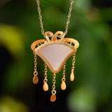 Natural Hetian Jade Enamel Porcelain Butterfly Tassel Pendant Necklace