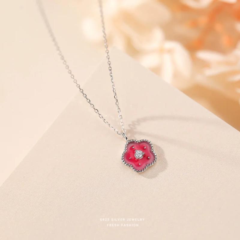 Enamel Flower Pendant Necklace S925 Sterling Silver Chain Girl Gift