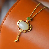 Silver Inlaid Hotan Jade Openwork Tassel Necklace Pendant