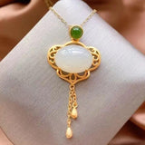 Silver Inlaid Hotan Jade Openwork Tassel Necklace Pendant