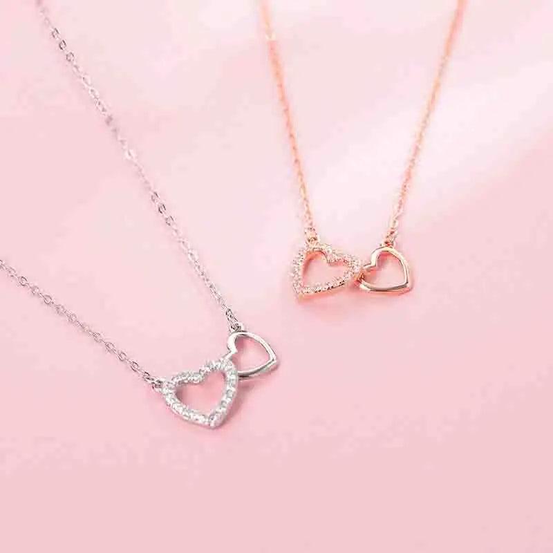 Sterling Silver Zircon Double Heart Pendant Necklace Girl Gift
