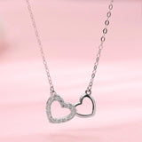 Sterling Silver Zircon Double Heart Pendant Necklace Girl Gift