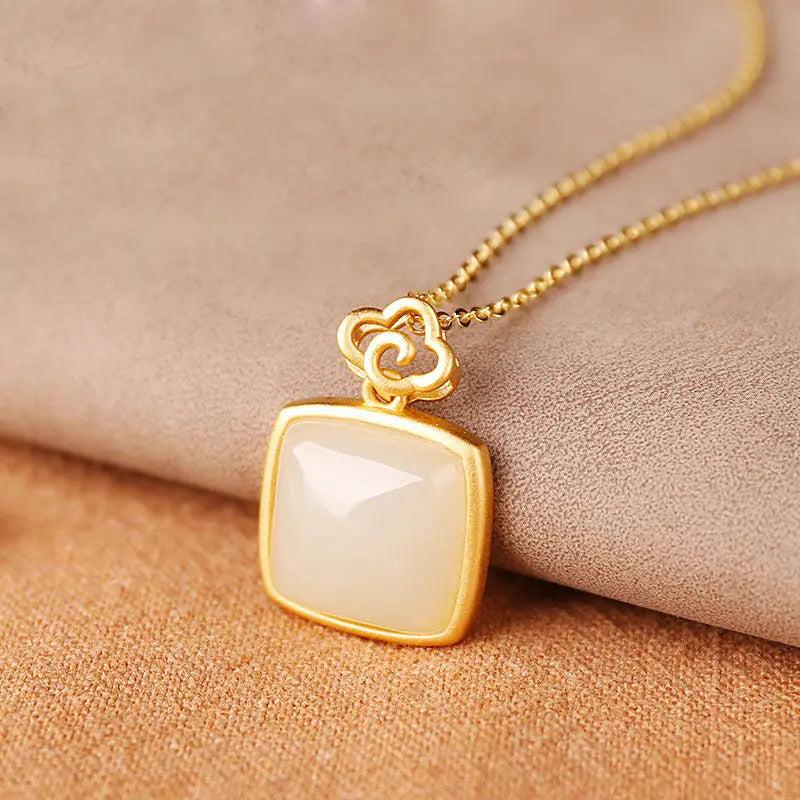 Silver Inlaid Hetian Jade Pendant Necklace Chinese Retro Charm Jewelry