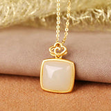 Silver Inlaid Hetian Jade Pendant Necklace Chinese Retro Charm Jewelry