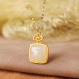 Silver Inlaid Hetian Jade Pendant Necklace Chinese Retro Charm Jewelry