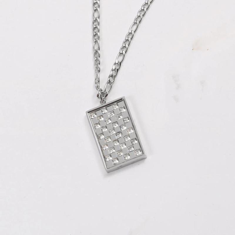 Zircon Pendant Necklace Stainless Steel Square Checkerboard Tarnish Necklace