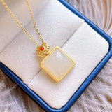 Silver Inlaid Hotan Jade Square Pendant Necklace Retro Noble Charm Jewelry