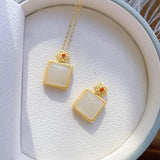 Silver Inlaid Hotan Jade Square Pendant Necklace Retro Noble Charm Jewelry