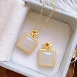 Silver Inlaid Hotan Jade Square Pendant Necklace Retro Noble Charm Jewelry