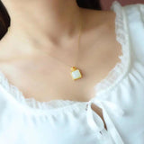 Silver Inlaid Hotan Jade Square Pendant Necklace Retro Noble Charm Jewelry