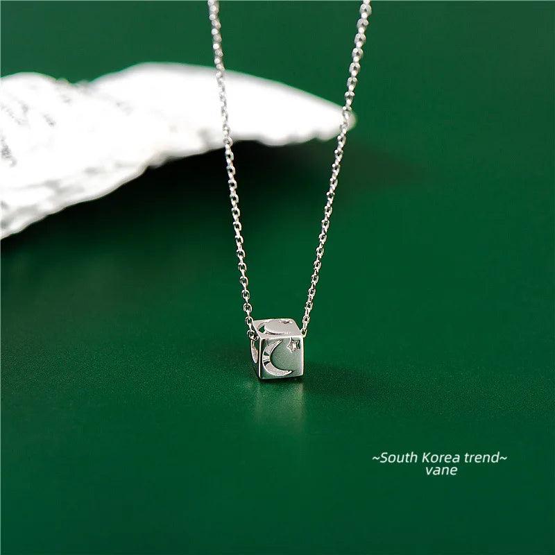 925 Silver Star Moon Cube Pendant Necklace