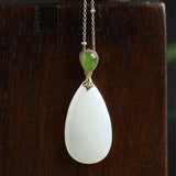 Silver Inlaid Hetian Jade Pendant Necklace Retro Water Drop Charm