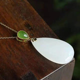 Silver Inlaid Hetian Jade Pendant Necklace Retro Water Drop Charm