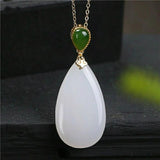 Silver Inlaid Hetian Jade Pendant Necklace Retro Water Drop Charm