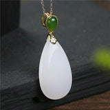 Silver Inlaid Hetian Jade Pendant Necklace Retro Water Drop Charm