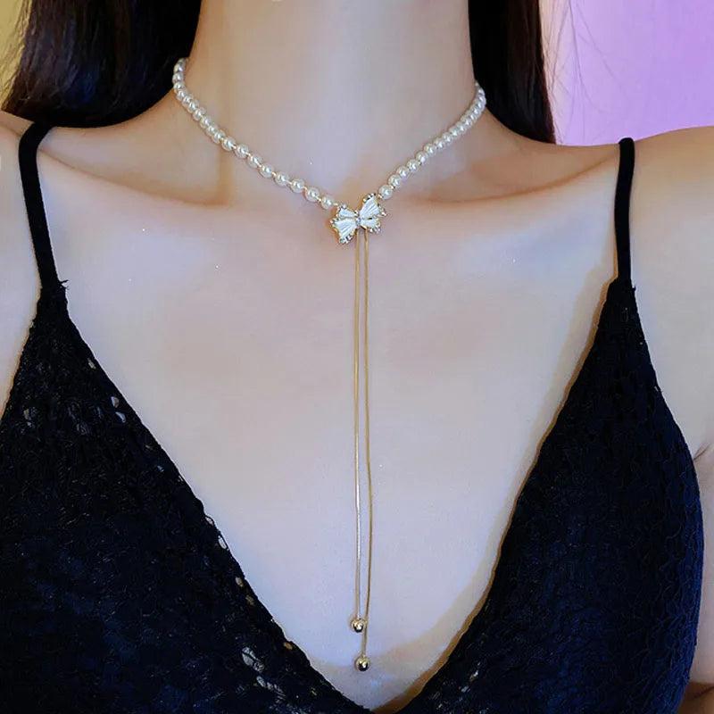 Tassel Bowknot Women Necklace Delicate Choker Kolye Pendant Jewelry