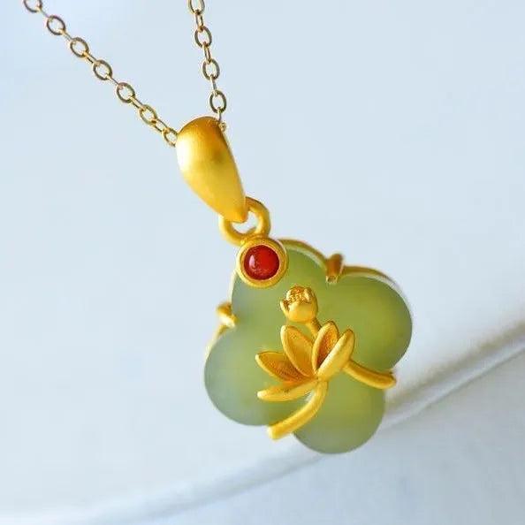 Silver Inlaid Natural Hetian Jade Plant Necklace Chinese Retro Adjustable