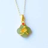 Silver Inlaid Natural Hetian Jade Plant Necklace Chinese Retro Adjustable
