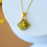 Silver Inlaid Natural Hetian Jade Plant Necklace Chinese Retro Adjustable