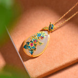 Hetian Jade Enamel Flower Pendant Necklace Palace Style Ladies Jewelry