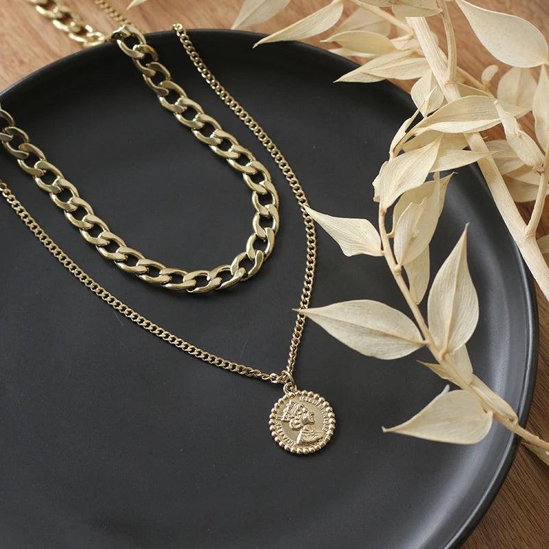 Vintage Multi-layer Portrait Pendants Necklace for Women Plating 18K