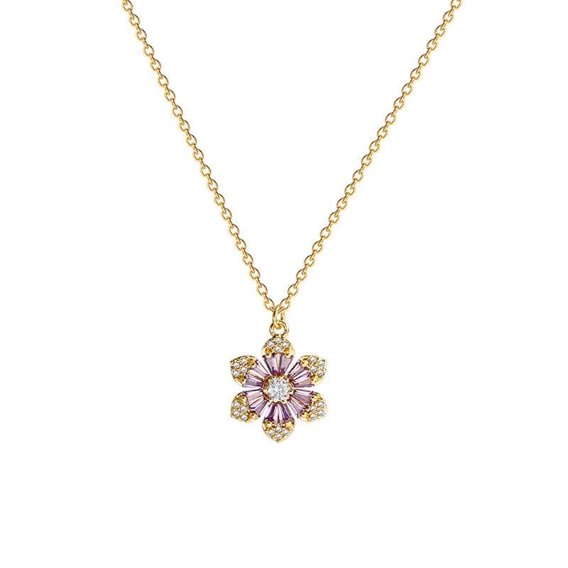 Zircon Small Flower Pendant Necklace in 18KT Gold