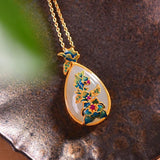 Hetian Jade Enamel Porcelain Flower Pendant Necklace