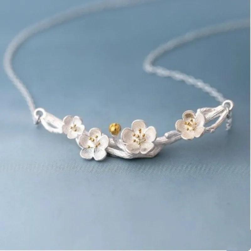 Plum Blossom Pendant Necklace 925 Sterling Silver Lovely Flower Choker Chain