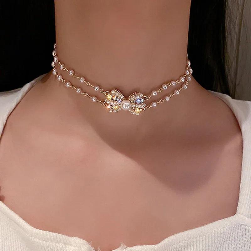 Elegant Double Layer Pearl Necklace for Women, Bowknot Choker Kolye Gift