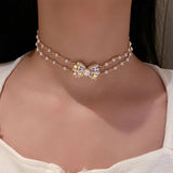 Elegant Double Layer Pearl Necklace for Women, Bowknot Choker Kolye Gift