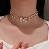 Elegant Double Layer Pearl Necklace for Women, Bowknot Choker Kolye Gift
