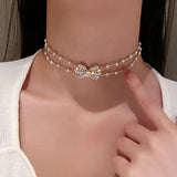 Elegant Double Layer Pearl Necklace for Women, Bowknot Choker Kolye Gift