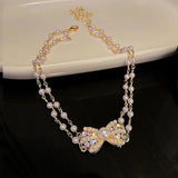 Elegant Double Layer Pearl Necklace for Women, Bowknot Choker Kolye Gift