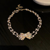 Elegant Double Layer Pearl Necklace for Women, Bowknot Choker Kolye Gift
