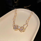 Elegant Double Layer Pearl Necklace for Women, Bowknot Choker Kolye Gift