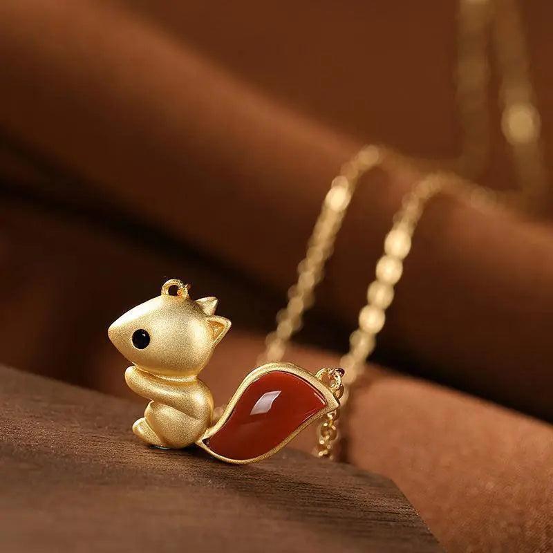 Silver Inlaid Natural South Jade Pendant Necklace Squirrel Charm Women's Jewelry