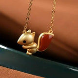 Silver Inlaid Natural South Jade Pendant Necklace Squirrel Charm Women's Jewelry