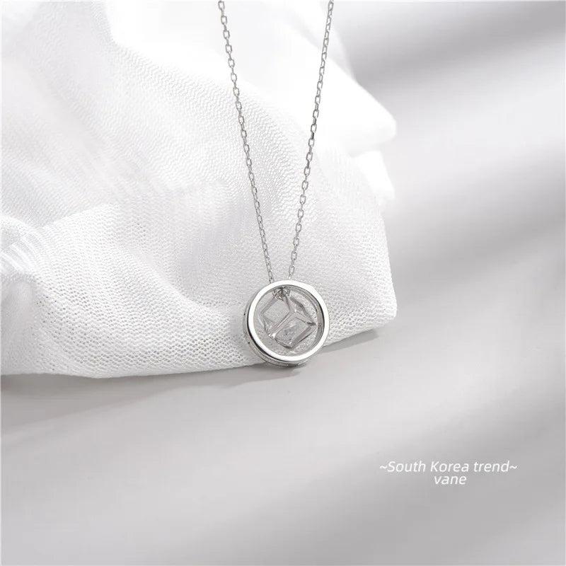 925 Silver 3D Square Circle Pendant Necklace with Chain