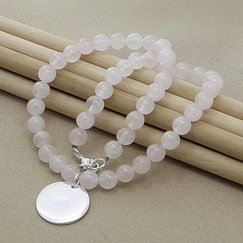 925 Silver Pink Pearl Crystal Round Pendant Necklace Wedding