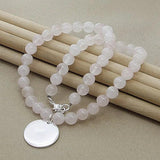 925 Silver Pink Pearl Crystal Round Pendant Necklace Wedding