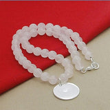 925 Silver Pink Pearl Crystal Round Pendant Necklace Wedding