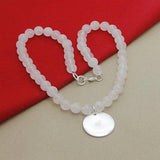 925 Silver Pink Pearl Crystal Round Pendant Necklace Wedding