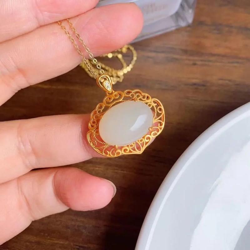 Silver Inlaid Hetian Jade Necklace Retro Chinese Women's Jewelry
