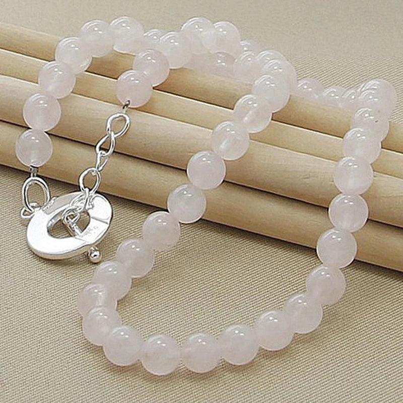 925 Silver Pink Pearl Necklace Women Wedding Bead Jewelry