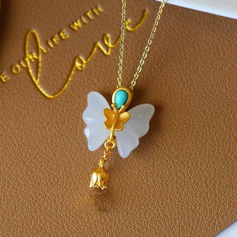 Silver Natural Hotan jade Turquoise butterfly Pendant Necklace