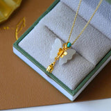 Silver Natural Hotan jade Turquoise butterfly Pendant Necklace